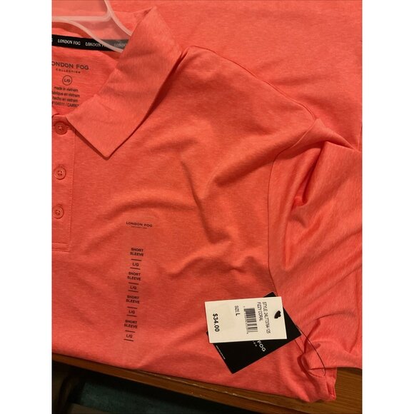 London Fog Men's Poly Textured Space Dye Polo Large Fizzy Coral NWT - Picture 5 of 6